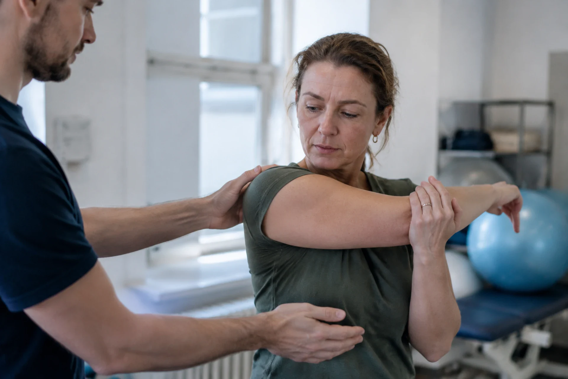 Fysioterapeut hjælper kvinde med armøvelser i klinik.