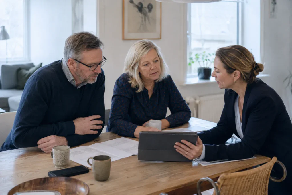 Rådgivningssamtale om pension med to ældre personer og en rådgiver.