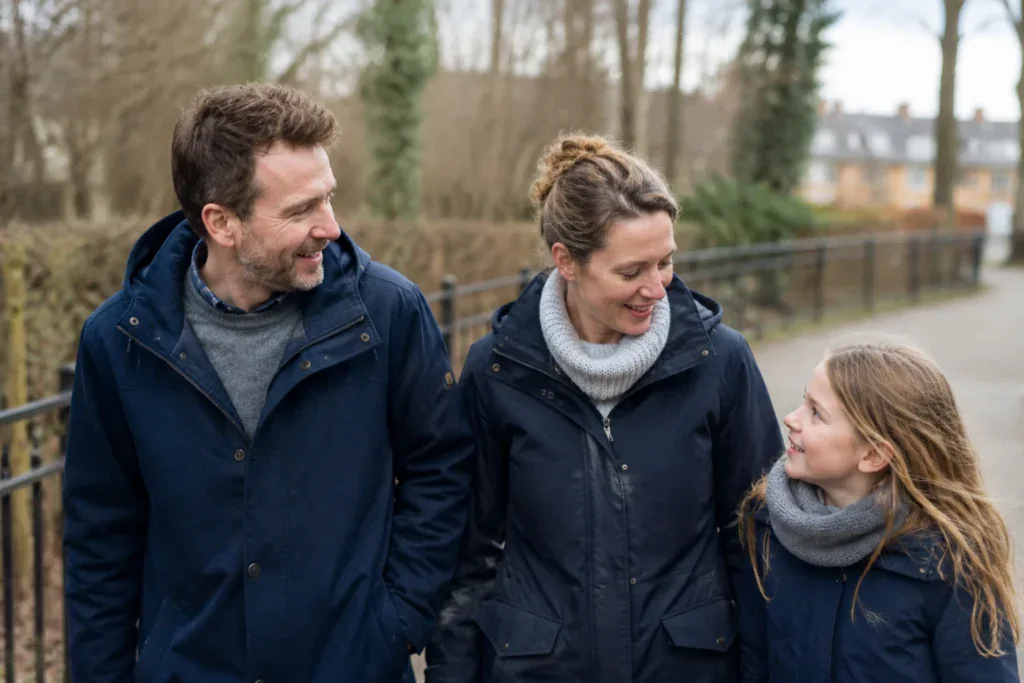 Familie går tur i naturen med forårsskov i baggrunden.