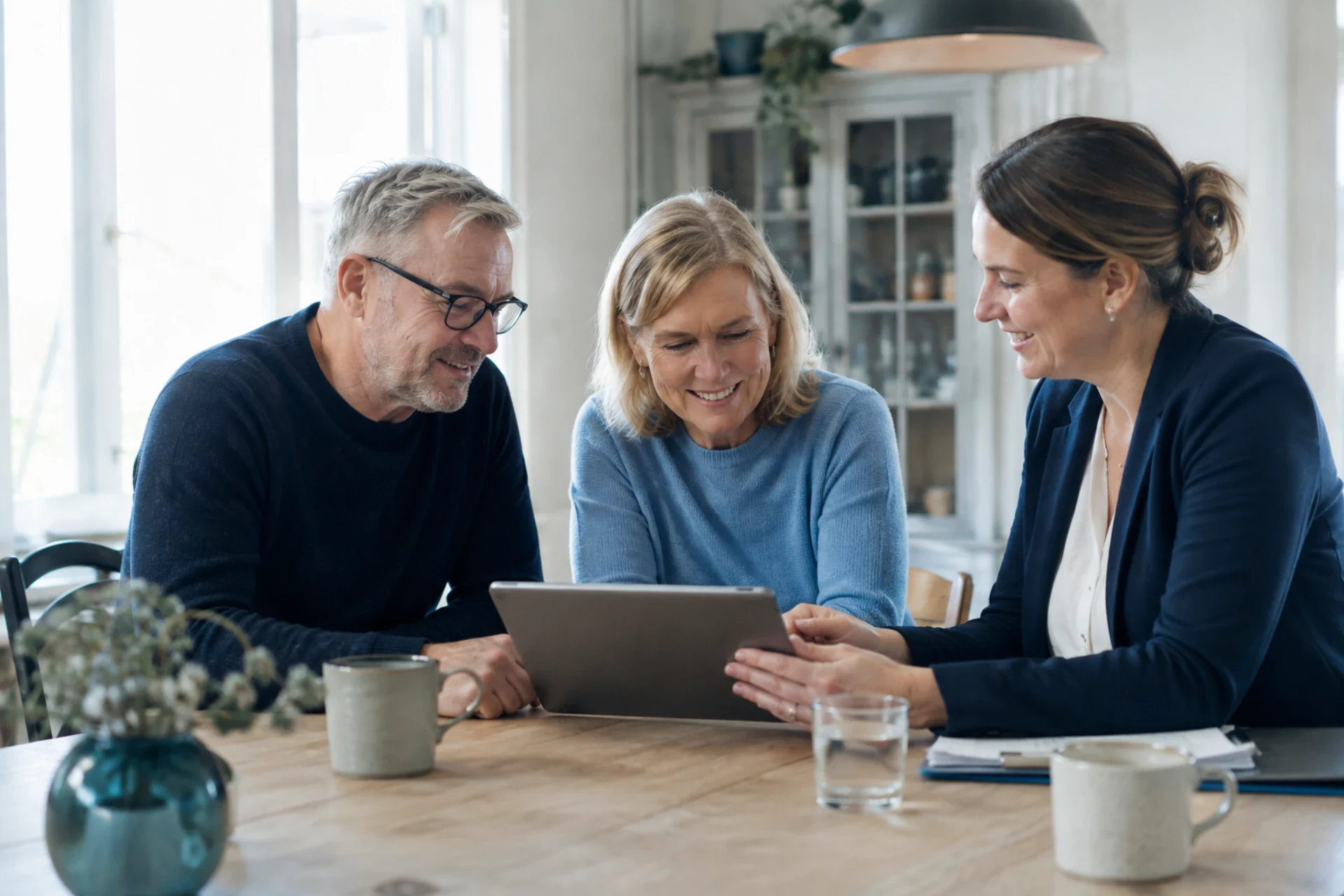 Tre personer ser på en tablet i et lyst hjemmekontor.