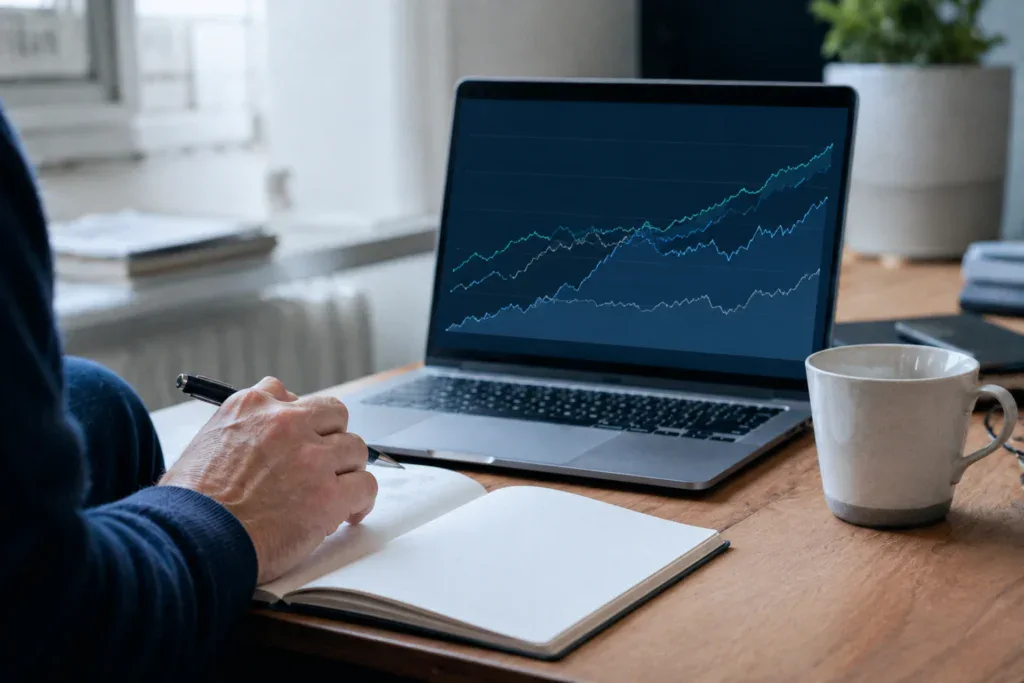 Person analyserer finansielle data på laptop med grafiske kurver.