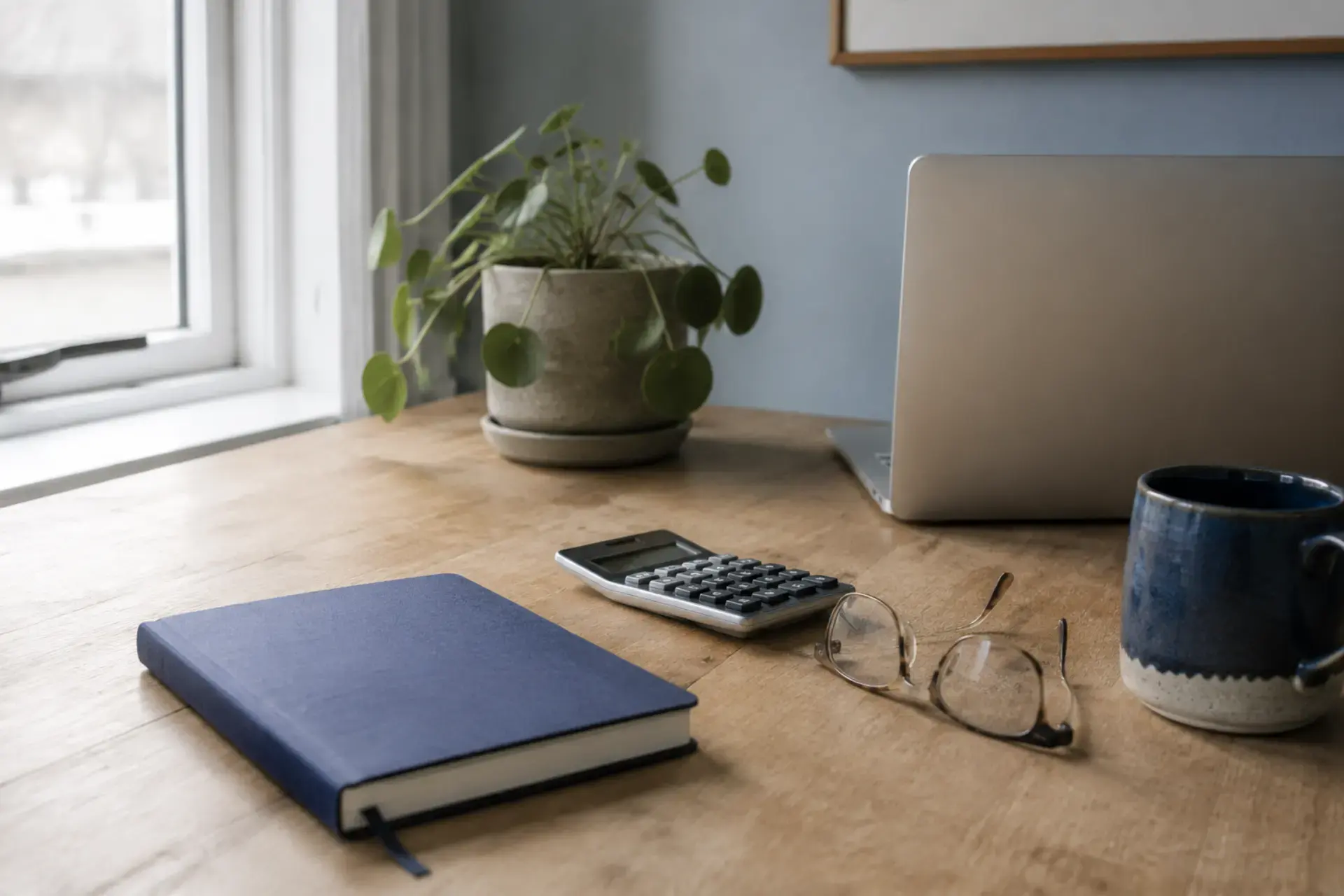 Arbejdsmiljø med computer, notesbog, plante og kop i hjemmekontor.